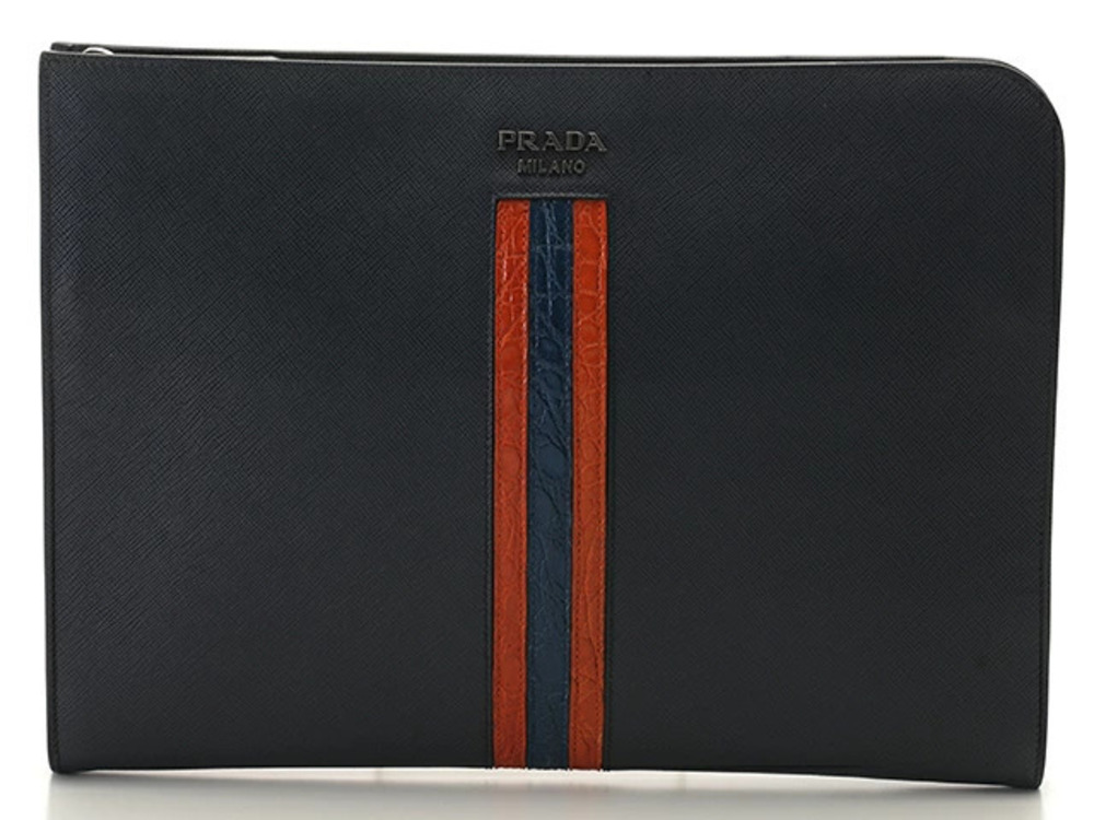 Prada Case Wallet clutch bag Navy Blue orange Saffiano leather